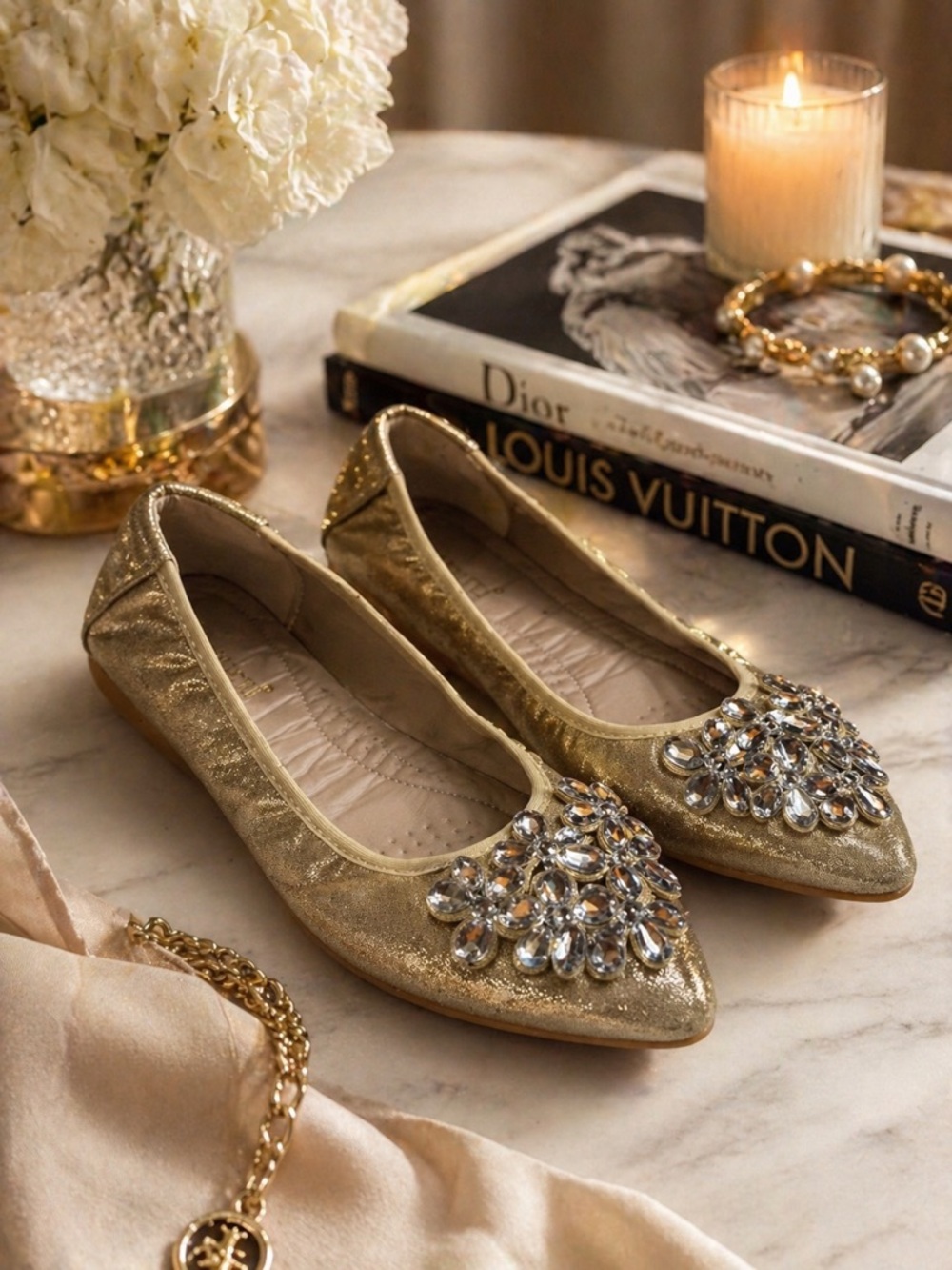 Gold Rhinestone Foldable Ballet Flats | Packable Travel Shoes | Event Flats